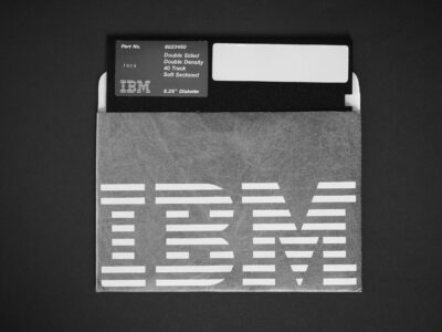 An IBM Floppy disk peeking out of its packaging