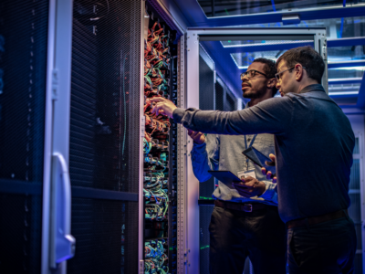 IT Engineers checking seagate servers in a server room