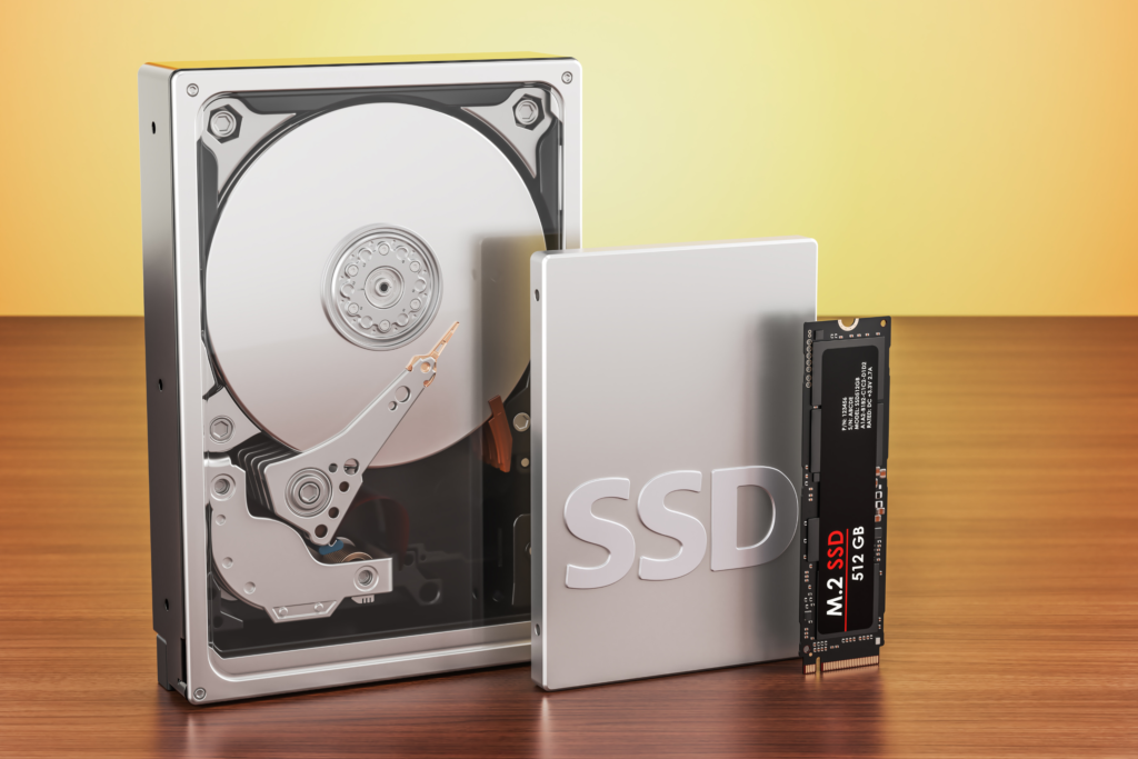  Drive SSD, Hard Disk Drive HDD, and M2 SSD standing on a wooden surface