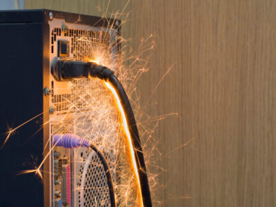 Sparks on the back of a computer as it overheats