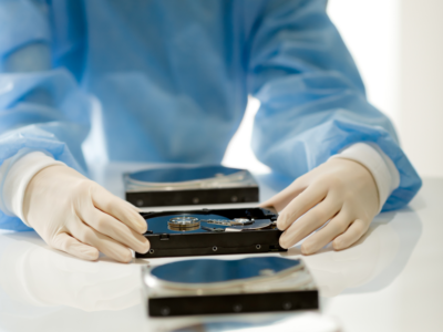 A technician with a glove recovering data from a defective drive in a data recovery lab