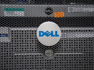 A close up view of DELL Logo of a Dell RAID Array