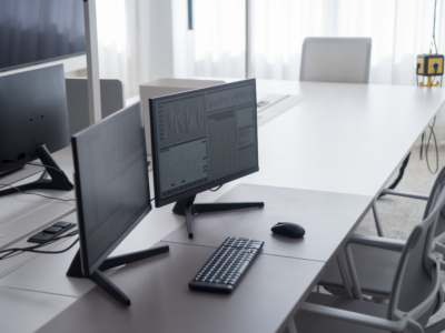 A desktop computer with an empty seat inside a government agency office