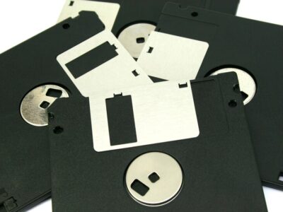 A pile of magnetic floppy disks
