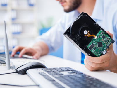 A technical professional working on a computer and retrieving data from a broken hard drive