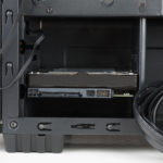 An internal hard drive inside a work computer case.