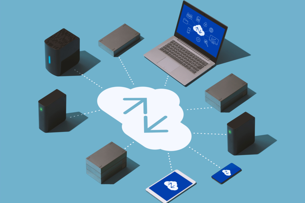 A multi-device data hub connected to a variety of storage devices, including external hard drives, laptop, phone, and tablet.