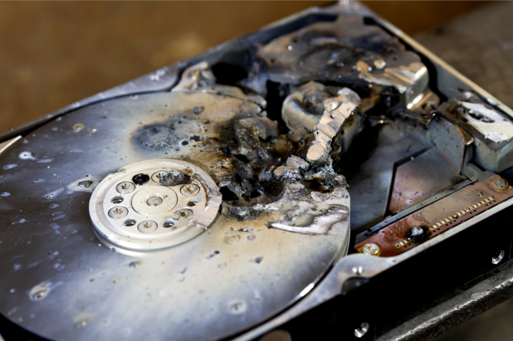 A closeup photo of an open and burned hard drive